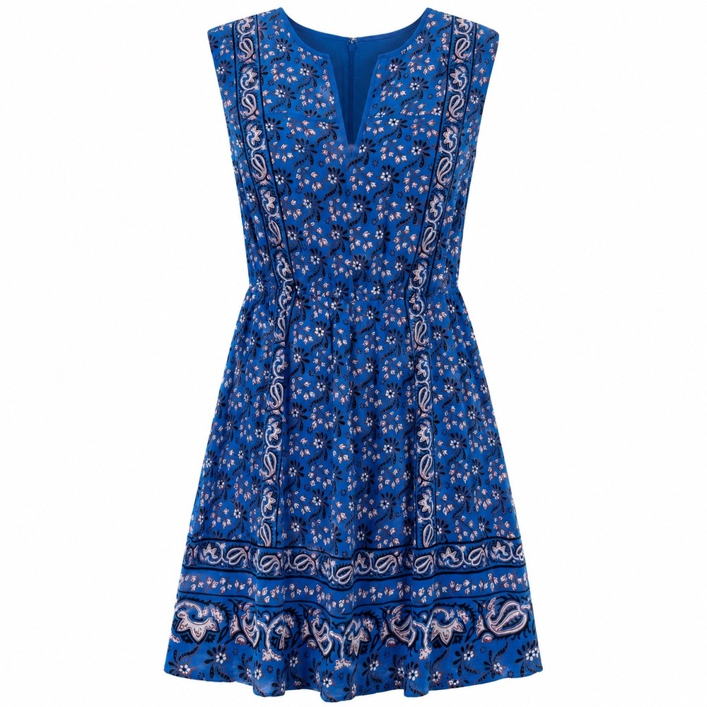 J.Crew Blue Floral Paisley Split Neck Fit Flare Mini Dress womens 0 preppy party